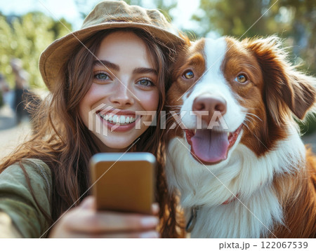 beautiful young woman with dog, portrait in park 122067539