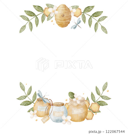 Watercolor frame of honey jars in leaves and flowers with hives on branches. Illustration in children's style for invitation cards template, posters for birthday, holiday Watercolor frame of honey jars in leaves and flowers with hives on branches. Illustration in children's style for invitation cards template, posters for birthday, holiday 122067544