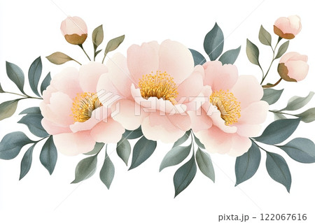 This artwork features a graceful arrangement of blush peonies accompanied by soft green leaves. The high-detail watercolor technique showcases pastel tones, delivering a soothing and minimalistic 122067616