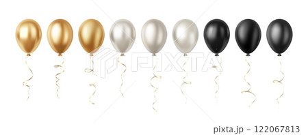 Set of Realistic 3D Silver Gold Black Party Event Balloons Isolated on White Background Set of Realistic 3D Silver Gold Black Party Event Balloons Isolated on White Background 122067813