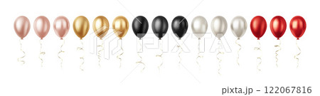 Set of Realistic 3D Red Pink Silver Rose Gold Black Party Event Balloons Isolated on White Background 122067816