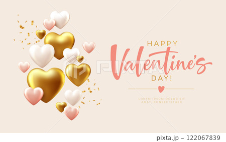 Valentines Day Greeting with Gold and Pink Heart Decorations. Celebrate love and affection with this stylish Valentines card featuring golden and pink hearts. Vector illustration 122067839