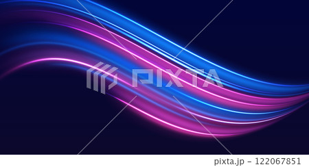 Speed police line. Laser beams, horizontal light rays. Magic shining neon light line trails. Purple glowing wave swirl, impulse cable lines. High speed effect motion blur night lights 122067851