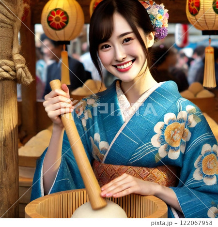 青い着物を着た女性が餅つきを楽しみながら、明るく微笑んでいる姿を生成で描きました 青い着物を着た女性が餅つきを楽しみながら、明るく微笑んでいる姿を生成で描きました 122067958