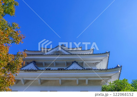 青空バックに見上げる色づき始めた紅葉お城のコラボ情景 122068152