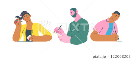 Writing people, modern flat vector concept illustrations set people writing on paper or device. Metaphor for reflection, insight, contemplation, creative expression 122068202