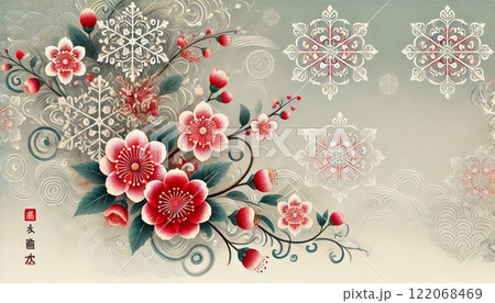 雪輪模様と紅梅 122068469