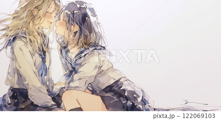 相思相愛の少女たち。女性。水彩画。イラスト。挿絵。 122069103