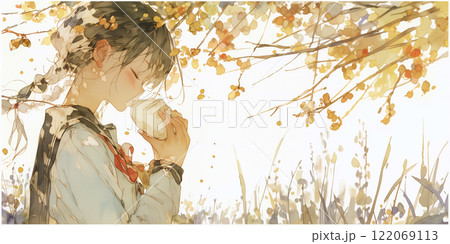 肉まんを食べる少女。女性。水彩画。イラスト。挿絵。 122069113