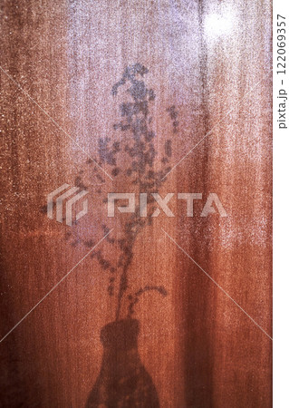 Shadow of plant in vase cast on textured orange curtain with soft light creating 122069357