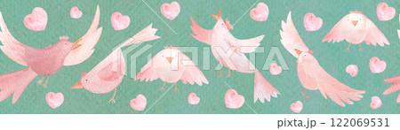 Birds flying, singing, and pink hearts, hand painted watercolor seamless border on turquoise. High quality pink clip art in cartoon style great for children products, wrapping paper, textile Birds flying, singing, and pink hearts, hand painted watercolor seamless border on turquoise. High quality pink clip art in cartoon style great for children products, wrapping paper, textile 122069531