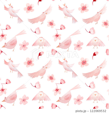 Sakura flowers and birds in different poses, monochromatic hand painted watercolor seamless pattern isolated on white. High quality pink art perfect for children design, wrapping paper, women textile Sakura flowers and birds in different poses, monochromatic hand painted watercolor seamless pattern isolated on white. High quality pink art perfect for children design, wrapping paper, women textile 122069532