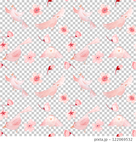 Sakura flowers and birds in different poses, monochromatic hand painted watercolor seamless pattern isolated on white. High quality pink art perfect for children design, wrapping paper, women textile 122069532