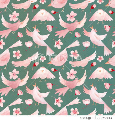 Sakura flowers and birds in different poses, monochromatic hand painted watercolor seamless border on turquoise. High quality pink art perfect for children design, wrapping paper, women textile, scarf Sakura flowers and birds in different poses, monochromatic hand painted watercolor seamless border on turquoise. High quality pink art perfect for children design, wrapping paper, women textile, scarf 122069533