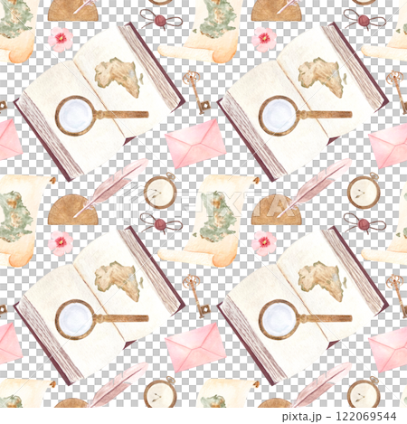 Open geography book with Afrika's map, magnifying glass, pocket watch, protractor watercolor seamless pattern isolated on white. Hand painted for bookstore, geography vintage design, wrapping paper Open geography book with Afrika's map, magnifying glass, pocket watch, protractor watercolor seamless pattern isolated on white. Hand painted for bookstore, geography vintage design, wrapping paper 122069544