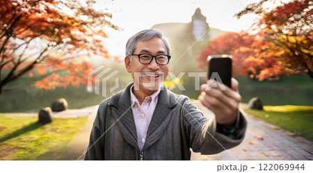 公園でスマートフォンを使ってビデオ通話しているシニア男性。 公園でスマートフォンを使ってビデオ通話しているシニア男性。 122069944