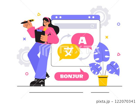 Translator Service Vector Illustration Featuring Multilanguage Translation for Various Countries Using a Dictionary in a Flat Style Cartoon Background Translator Service Vector Illustration Featuring Multilanguage Translation for Various Countries Using a Dictionary in a Flat Style Cartoon Background 122070341