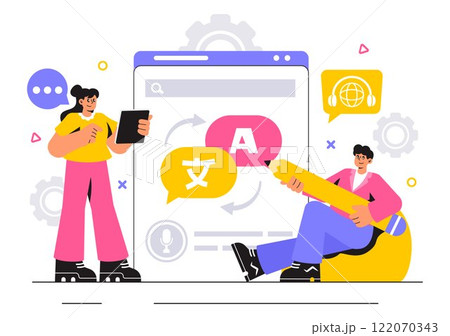 Translator Service Vector Illustration Featuring Multilanguage Translation for Various Countries Using a Dictionary in a Flat Style Cartoon Background Translator Service Vector Illustration Featuring Multilanguage Translation for Various Countries Using a Dictionary in a Flat Style Cartoon Background 122070343