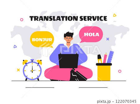 Translator Service Vector Illustration Featuring Multilanguage Translation for Various Countries Using a Dictionary in a Flat Style Cartoon Background 122070345