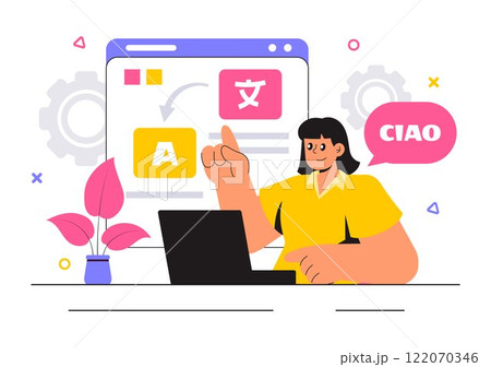 Translator Service Vector Illustration Featuring Multilanguage Translation for Various Countries Using a Dictionary in a Flat Style Cartoon Background Translator Service Vector Illustration Featuring Multilanguage Translation for Various Countries Using a Dictionary in a Flat Style Cartoon Background 122070346