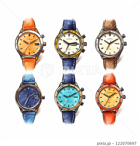 Elegant Display of Six Unique Luxury Wristwatches with Vibrant Leather Straps on White Background 122070697