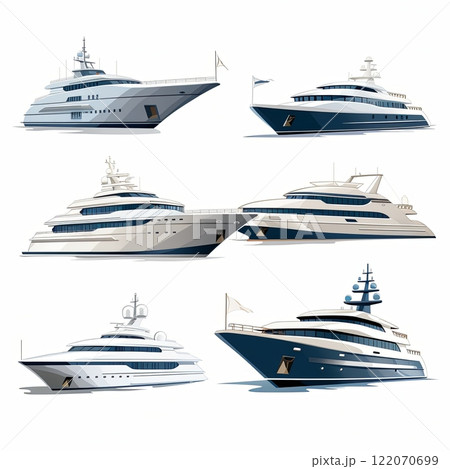 Collection of Six Stunning Luxury Yachts Isolated on a Clean White Background for Marketing Use 122070699