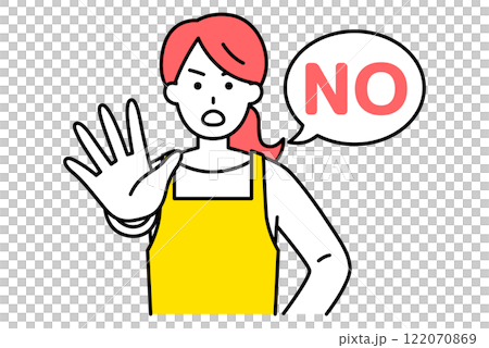 A woman in an apron holds her right hand out in front of her and says NO 122070869