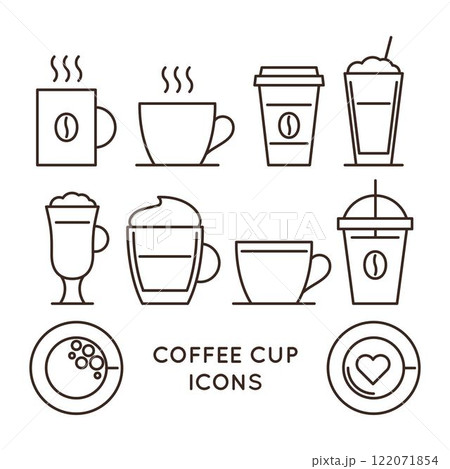 Coffee and tea cups linear icons set Coffee and tea cups linear icons set 122071854