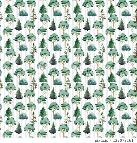 Mix tree green forest seamless pattern element. Fir trees, bushes, linden on tender blue stripe background. Elegant woodland illustration pattern design perfect for printing, textile, wrapping paper 122072161