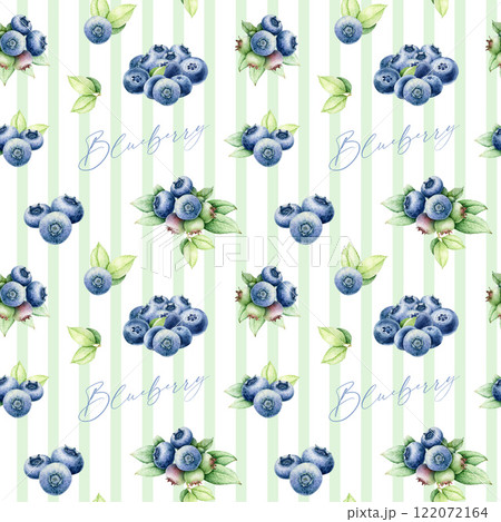 Fresh blueberries with green leaves on striped background seamless pattern. Hand drawn blueberry watercolor vintage style illustration. Perfect for fabric, packaging, decor and food-themed designs 122072164