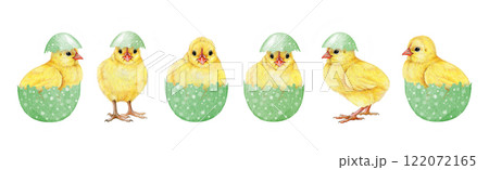 Easter mood cute funny yellow chicks in light-green colored eggs on white background. Hand drawn illustration set. Perfect for Easter decor designs, spring decor and rustic-themed art Easter mood cute funny yellow chicks in light-green colored eggs on white background. Hand drawn illustration set. Perfect for Easter decor designs, spring decor and rustic-themed art 122072165