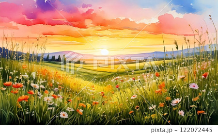 Sunset over a wildflower meadow 122072445