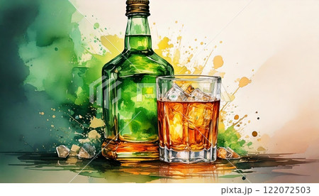 Whiskey glass and green bottle art 122072503