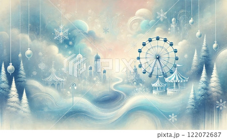 夢背景（冬の雪降る遊園地 122072687