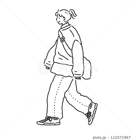 ざっくりカジュアルコーデの女性　横顔　歩く　線画 122072967