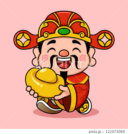 Cute Chinese New Year Fortune God Holding A Big Gold Money Ingot 122073069