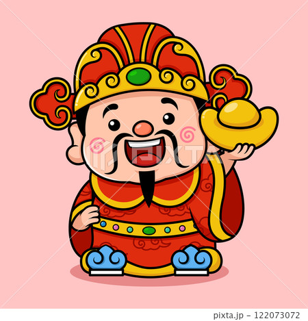 Cute Chinese New Year Fortune God Holding A Gold Money Ingot 122073072