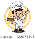 Cute Boy Chef Mascot Logo Full Body Holding A Plate Of Sandwich Cute Boy Chef Mascot Logo Full Body Holding A Plate Of Sandwich 122073103