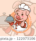 Cute Cartoon Pig Chef With Uniform And Hat Holding A Plate Cute Cartoon Pig Chef With Uniform And Hat Holding A Plate 122073106