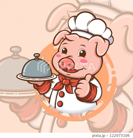 Cute Cartoon Pig Chef With Uniform And Hat Holding A Plate 122073106