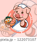 Cute Cartoon Pig Chef With Uniform And Hat Holding A Ramen Bowl Cute Cartoon Pig Chef With Uniform And Hat Holding A Ramen Bowl 122073107