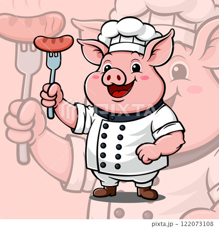 Cute Cartoon Pig Chef With Uniform And Hat Holding A Sausage 122073108