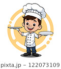 Cute Chef Boy Mascot Logo Full Body Holding Two Plates Cute Chef Boy Mascot Logo Full Body Holding Two Plates 122073109
