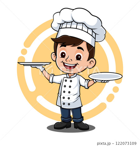Cute Chef Boy Mascot Logo Full Body Holding Two Plates 122073109