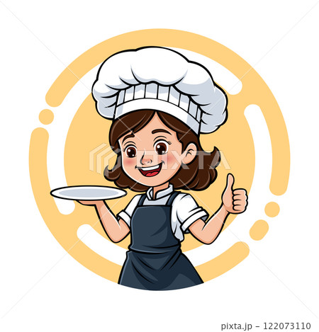 Cute Chef Girl Mascot Logo Holding A Plate 122073110