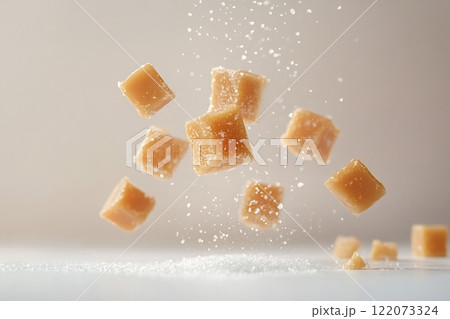 Sweet caramel candies falling with powdered sugar on neutral background 122073324
