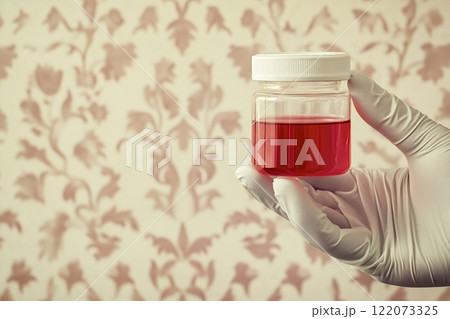 Scientist wearing gloves holding urine sample for medical analysis Scientist wearing gloves holding urine sample for medical analysis 122073325