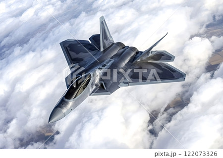 F-22 raptor flying above the clouds during a test flight 122073326