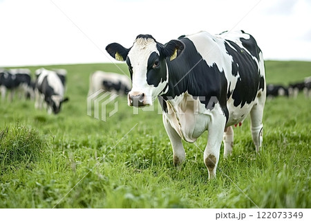 Dairy cow grazing in green pasture with herd in background Dairy cow grazing in green pasture with herd in background 122073349