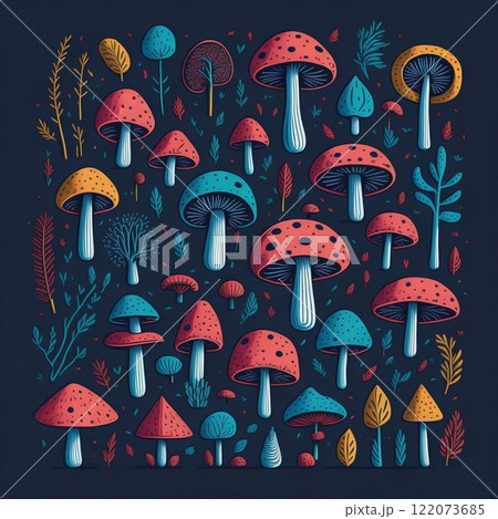 Floral Hippie Mushrooms Summer Groovy Flower. Boho retro colours whimsical fly agaric dark background fungus surface design. High quality photo Floral Hippie Mushrooms Summer Groovy Flower. Boho retro colours whimsical fly agaric dark background fungus surface design. High quality photo 122073685